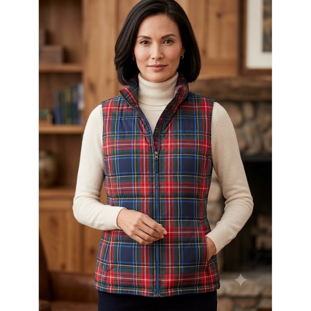 Talbots Petites Plaid Puffer Vest Womens Red Blue Down Filled Quilted Zip Up